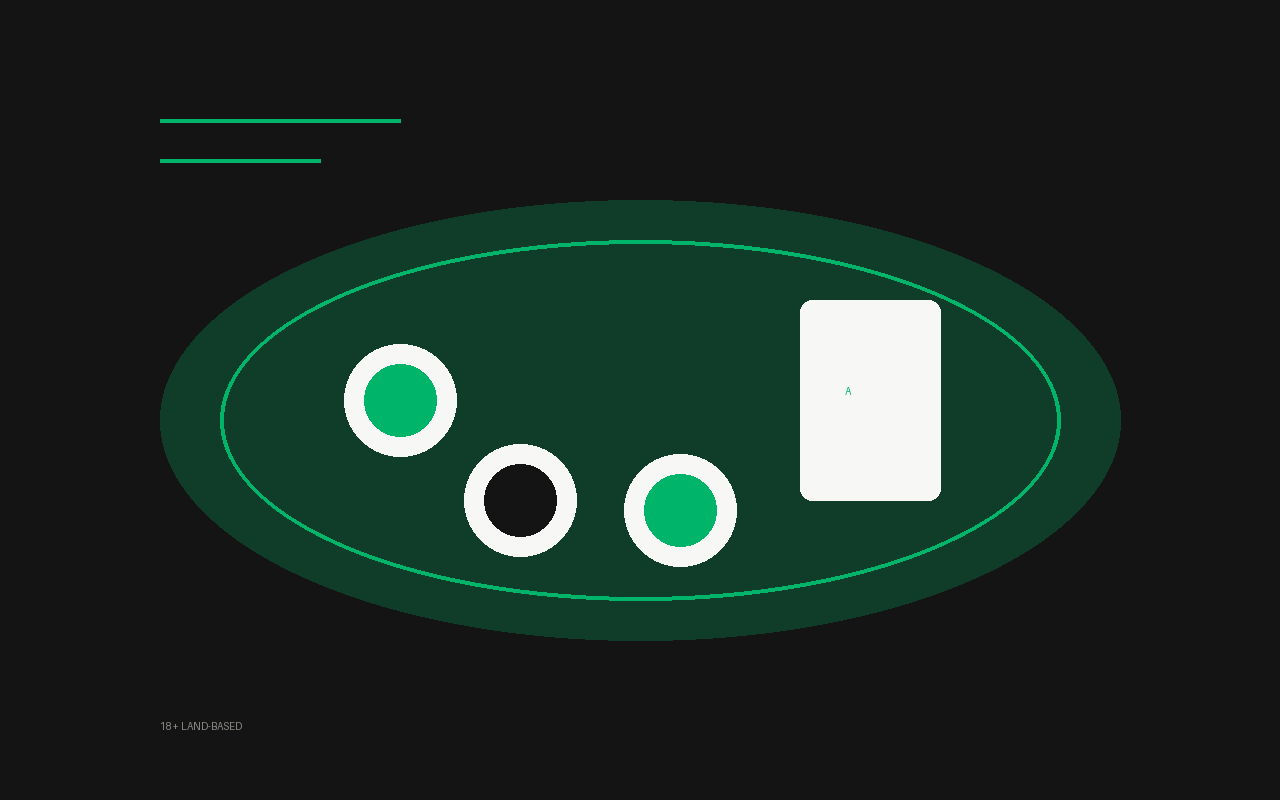 Abstract graphic of a green felt table oval with chips and a playing card shape