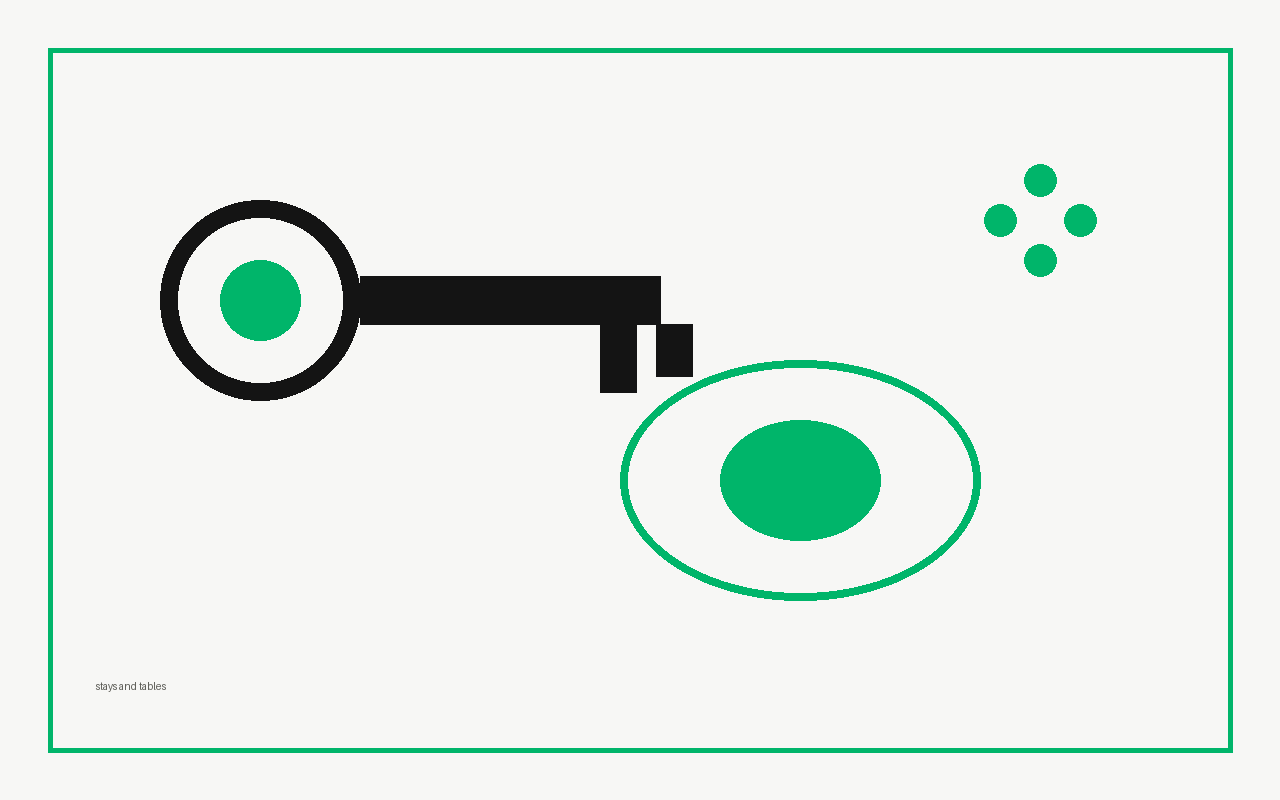 Decorative graphic of a key and table oval in emerald and ink